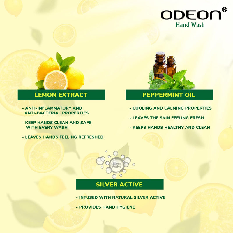 ODEON Hand Wash Lemon & Mint Natural Active Bottle 250ml With Refill Pack 185ml