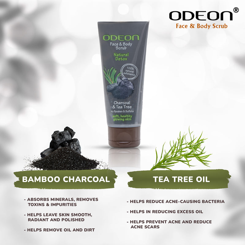 ODEON Charcoal & Tea Tree Face and Body Scrub Tube 100ml