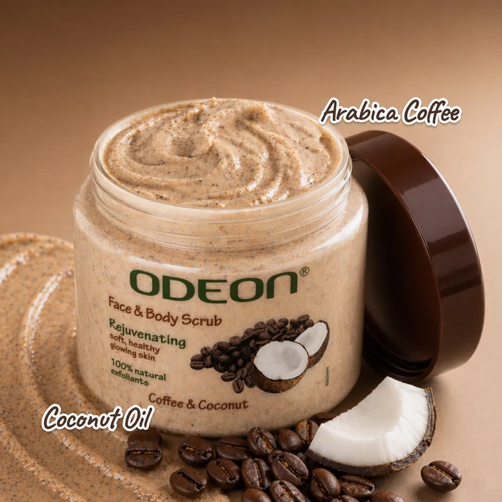 Rejuvenating coffee and coconut body scrub for dull and rough skin, exfoliating skin care product.