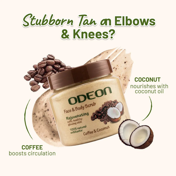Rejuvenating coffee and coconut body scrub for dull and rough skin, a type of exfoliating scrub.