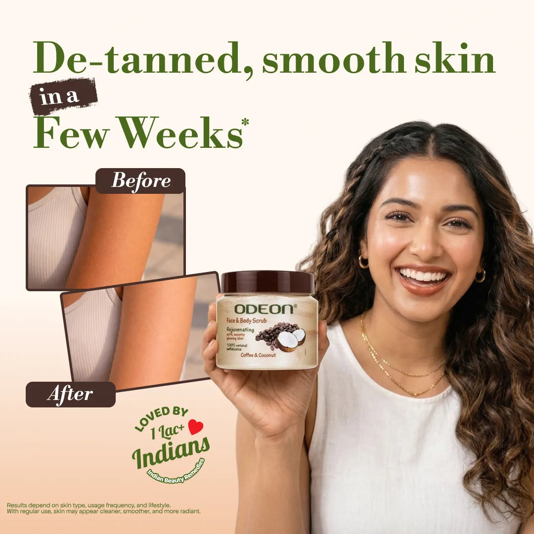 Rejuvenating coffee and coconut body scrub for dull and rough skin, a type of exfoliating scrub.