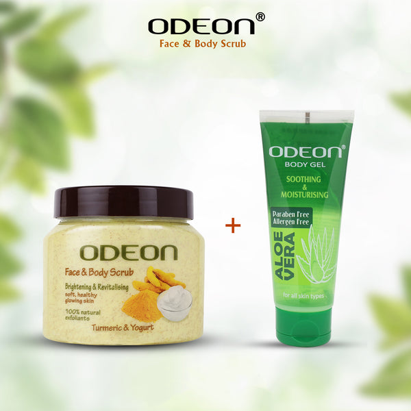 ODEON Turmeric & Yogurt Face and Body Scrub Jar 300ml + ODEON Aloe Vera gel tube 100ml (Combo Pack)