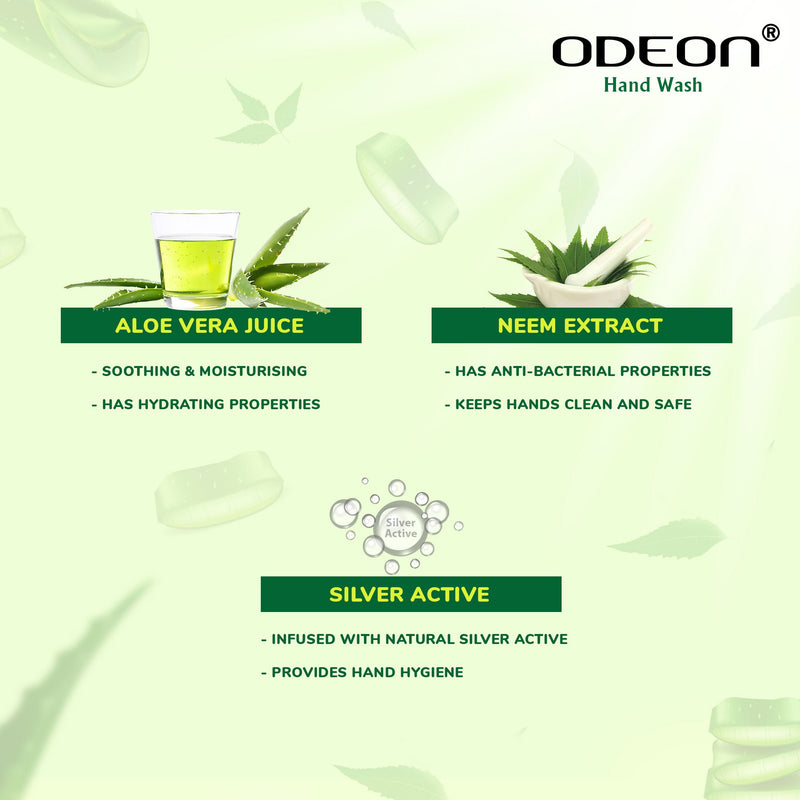 ODEON Hand Wash Aloe Vera & Neem Natural Active Bottle 250ml with Refill Pack 185ml