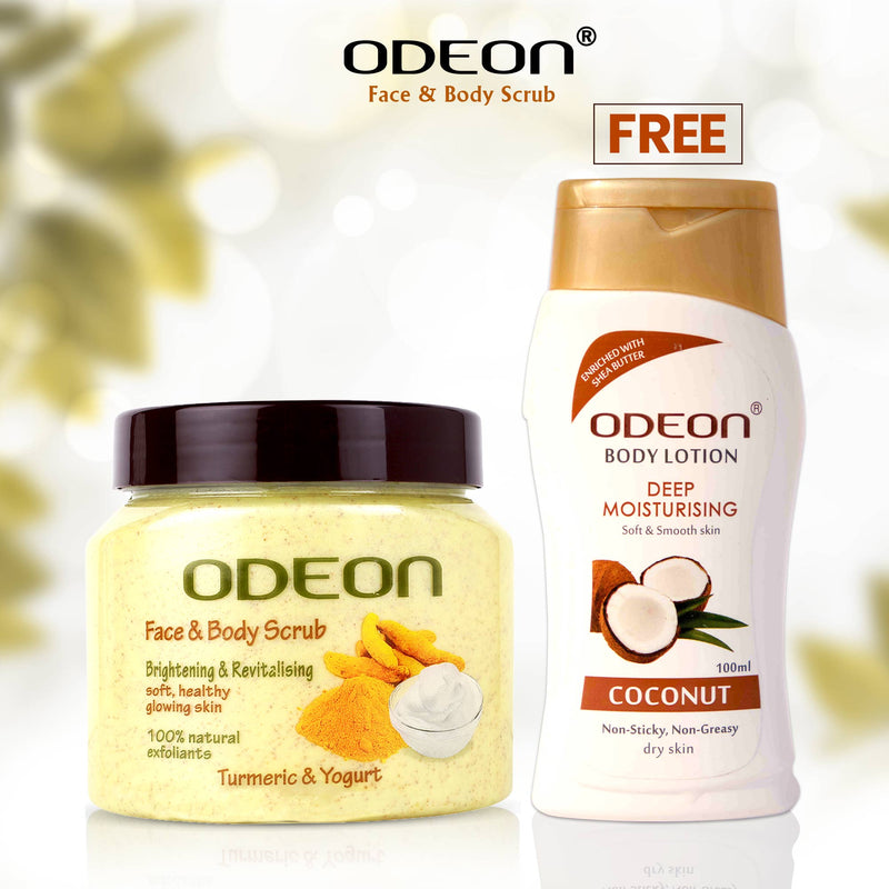 ODEON Turmeric & Yogurt Face and Body Scrub Jar 300ml + Free CoconutBodyLotion