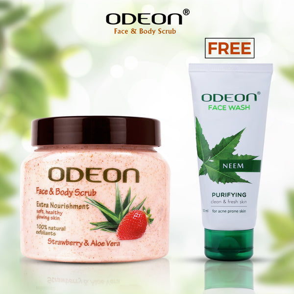 ODEON Strawberry & Aloe Vera Face and Body Scrub Jar 300ml + Free Neem Face Wash
